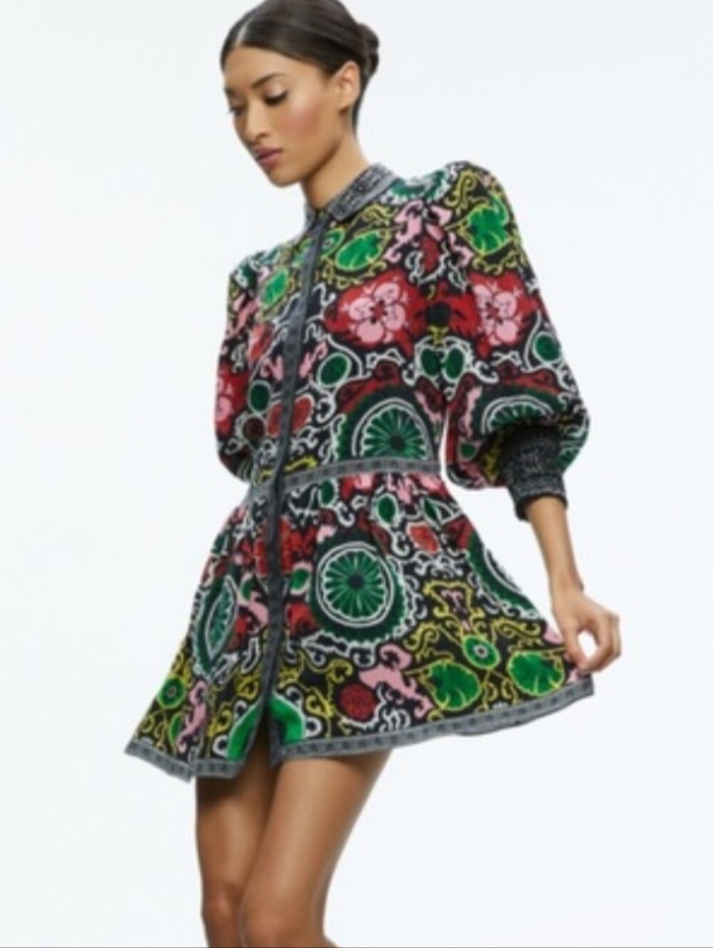 Alice + Olivia Bertha Mini Dress Size L Floral Scroll Print Cupro